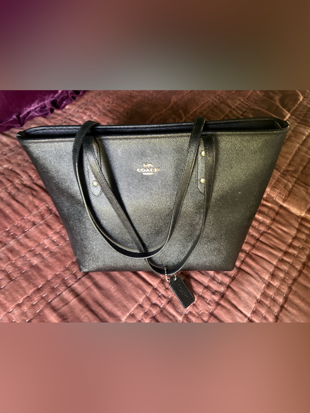 Coach Black Leather Fiona Zip Tote with Gold Logo and Tag